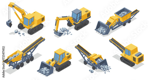 Isometric construction vehicles set: excavators, bulldozers, and loaders in yellow