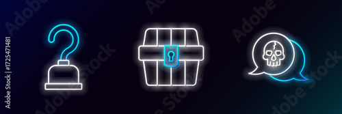 Set line Skull, Pirate hook and Antique treasure chest icon. Glowing neon. Vector