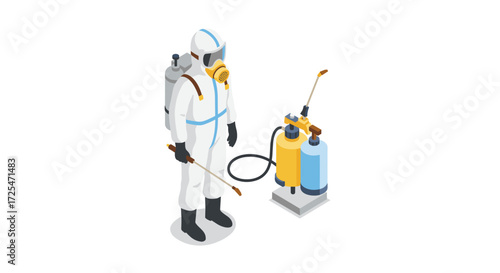 Worker in hazmat suit with protective gear and sprayers for sanitization