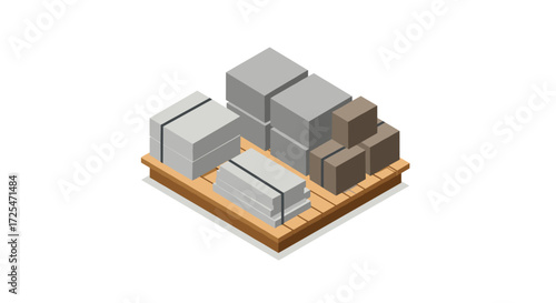 Isometric construction blocks on wooden pallet for building projects