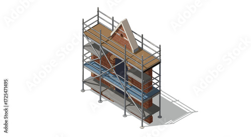 Isometric construction scaffolding on brick wall for renovation projects