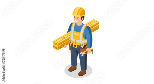 Construction worker carrying lumber with tools in isometric style