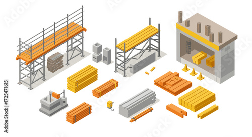 Construction site equipment isometric design featuring scaffolding and materials