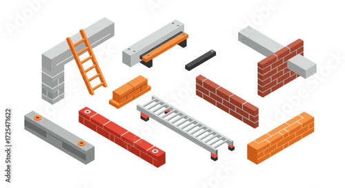 Isometric construction elements and brick materials set