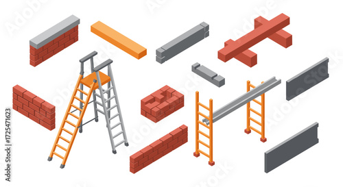 Isometric construction tools and building materials set