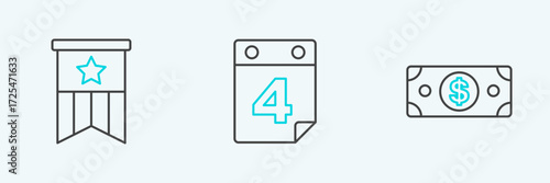 Set line Stacks paper money cash, American flag and Calendar with date July 4 icon. Vector