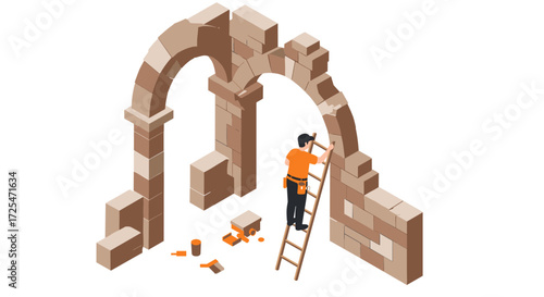 Isometric construction worker building arch with brown blocks