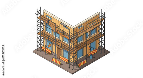 Isometric construction site with scaffolding and barricades