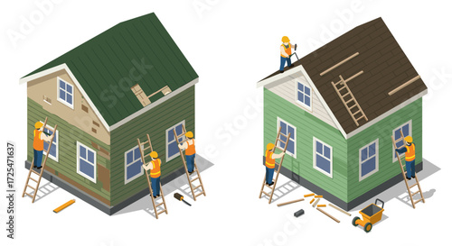Isometric home construction and renovation scenes with workers and tools