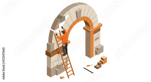Builder fixing ancient stone arch in isometric style with tools and ladder