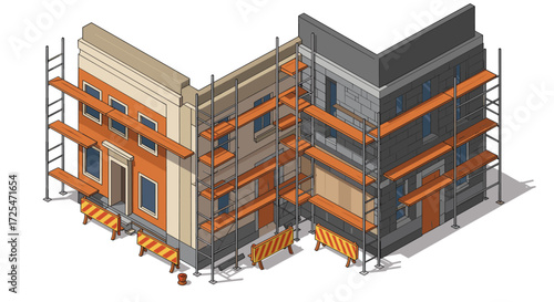 Renovation and restoration of urban buildings with scaffolding in isometric style