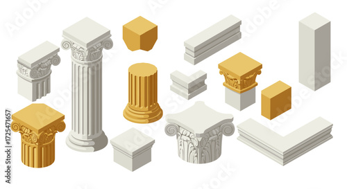 Isometric ancient architectural columns and capitals collection