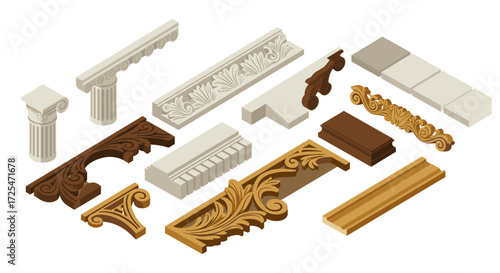 Classic architectural elements: isometric columns and decorative molding design