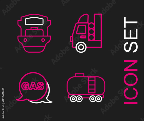 Set line Oil railway cistern, Location and gas station, Gas tank for vehicle and tanker ship icon. Vector