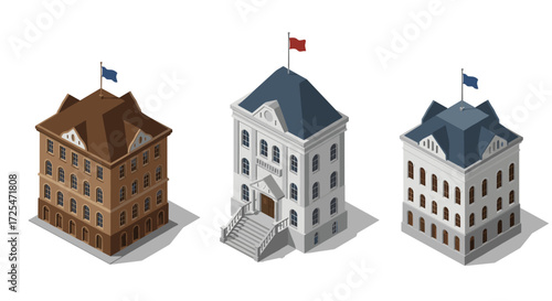 Isometric historic buildings set with flags on roofs