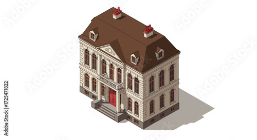 Elegant isometric mansion with classic architectural details and red accents