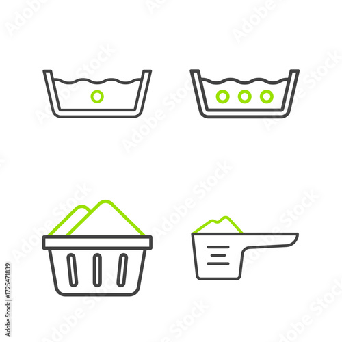 Set line Washing powder, Basin with soap suds, Temperature wash and icon. Vector