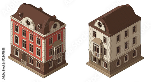 Charming isometric european townhouses with classic architecture