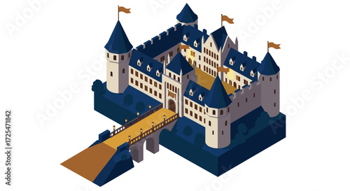 Isometric medieval castle with blue towers and flags on white background