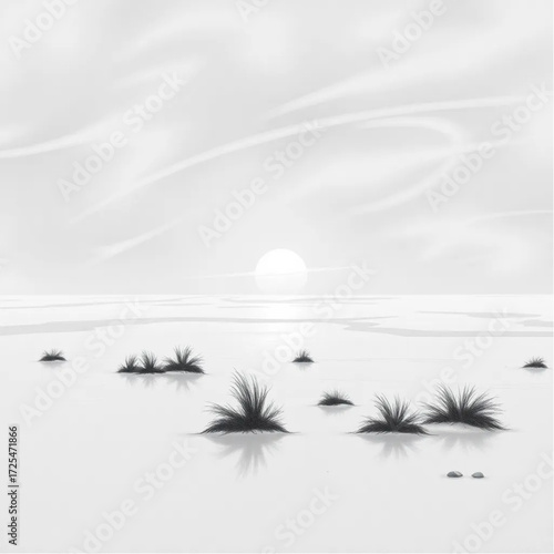 A oil painting depiction of Etosha Pan during dawn in summer, under snow-covered conditions, capturing unique natural textures and atmospheric mood.