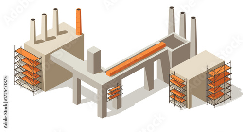 Isometric industrial factory with construction elements and scaffolding