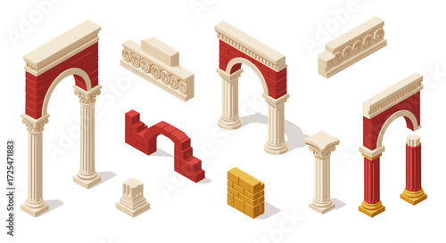 Isometric classical architecture elements with columns and arches in red and beige tones