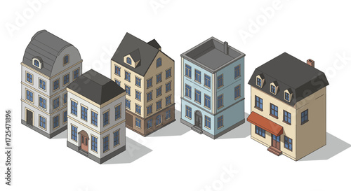 Isometric building set with classic facades and roof designs in subtle colors