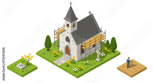 Isometric church restoration scene with scaffolding and worker in garden setting