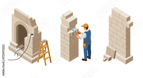 Isometric construction scene with worker building stone structure