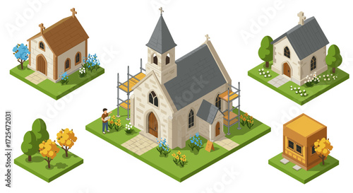 Isometric medieval church construction scene with scaffolding and surrounding houses