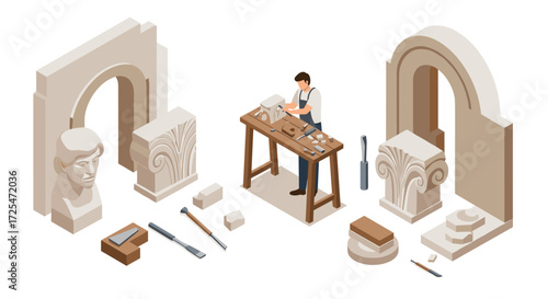 Artisan sculptor crafting classical stone art in workshop setting
