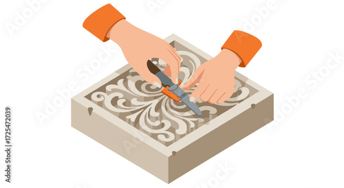 Isometric wood carving art showing hands with chisel creating intricate floral patterns