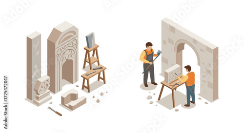 Isometric artisans sculpting and constructing classical stone architecture