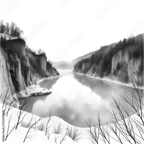 A watercolor painting depiction of Plitvice Lakes during sunrise in winter, under clear sky conditions, capturing unique natural textures and atmospheric mood.