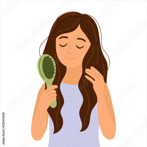 Hair brushing illustration — woman with long brown hair using hairbrush, girly girl routine concept, beauty clipart for self care design, daily haircare routine, spa and salon graphics.