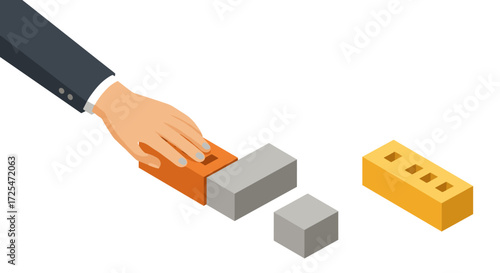 Isometric hand building a wall with colorful blocks on white background
