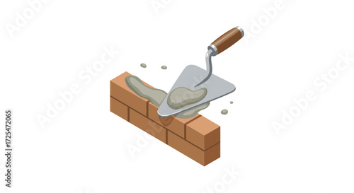 Isometric bricklaying illustration with trowel and mortar for construction design