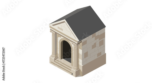 Isometric ancient stone building with columns and open doorway