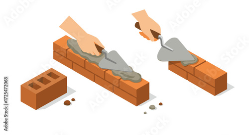 Isometric bricklaying process with hands and trowels in construction scene