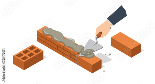 Isometric bricklaying process with hand applying mortar using trowel
