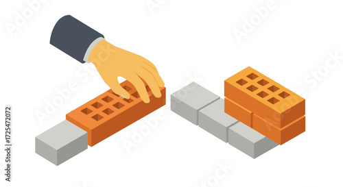 Building foundations with isometric hand placing bricks on a wall