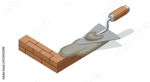 Isometric brick wall building with trowel and mortar for construction projects