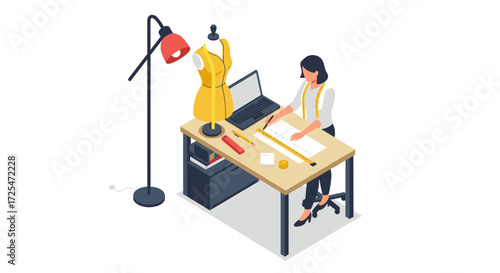 Fashion designer working in studio with laptop and mannequin in isometric style