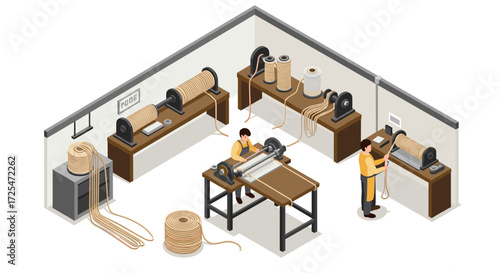 Industrial rope weaving workshop in modern isometric style