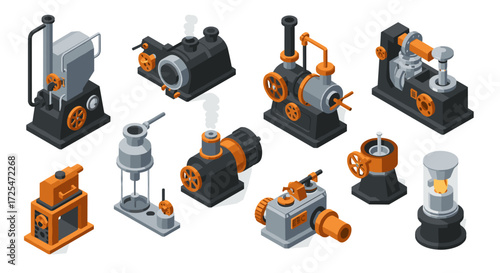 Isometric steampunk mechanics set with industrial machines and engines
