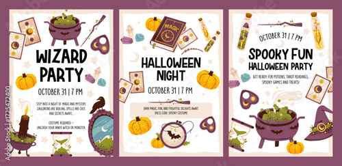 Halloween invitation with witchcraft elements, spooky symbols and festive decoration. Greeting card with cauldron, crystal and gothic spell icons.