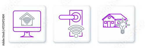 Set line Smart house and light bulb, Computer monitor with smart home with wi-fi and Digital door lock wireless technology for unlock icon. Vector