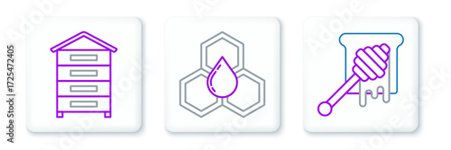 Set line Honey dipper stick with dripping honey, Hive for bees and Honeycomb icon. Vector