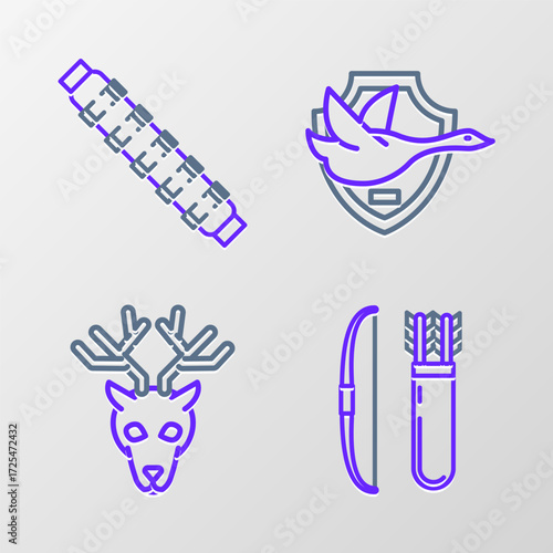 Set line Bow and arrow in quiver, Deer head with antlers, Flying duck on shield and Hunting cartridge belt cartridges icon. Vector