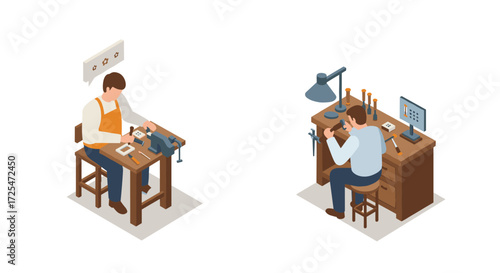 Isometric workshop scenes: craftsman and jeweler in creative workspaces
